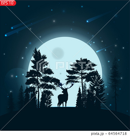 Silhouette of an animal with moonlight and stars. 64564718