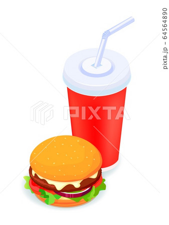 Burger and soda isometric illustrated 3d vector icon on white. Creative design idea. Burger and soda isometric illustrated 3d vector icon on white. Creative design idea. 64564890