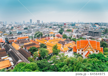 Bangkok city and temple view from Golden Mountain Temple in Thailand 64564975