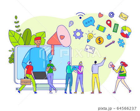 Media marketing concept, social network promotion, tiny people cartoon characters, vector illustration 64566237