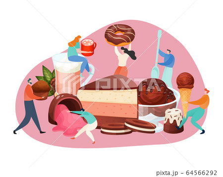 Chocolate dessert concept, tiny people holding huge sweets, cake and ice cream, vector illustration Chocolate dessert concept, tiny people holding huge sweets, cake and ice cream, vector illustration 64566292