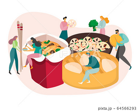 Chinese food concept, tiny people eat huge meal, lunch box delivery, vector illustration 64566293