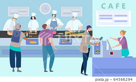People order fresh Asian food in cafe, lunch menu in cafeteria, sushi canteen, vector illustration People order fresh Asian food in cafe, lunch menu in cafeteria, sushi canteen, vector illustration 64566294