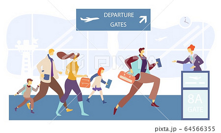 Passengers running to flight boarding gate, people in airport terminal, vector illustration 64566355