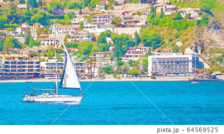 sailing boat flowing on the open sea, watercolor sailing boat flowing on the open sea, watercolor 64569525