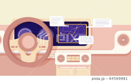 Cartoon car navigation cockpit infographic smart driving assistance vector flat illustration 64569981