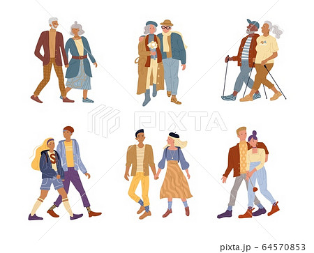 Elderly Vs Young Generations Isolated Couple Setのイラスト素材