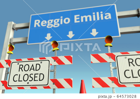 Barricades near Reggio Emilia city road sign. Lockdown in Italy conceptual 3D rendering 64573028