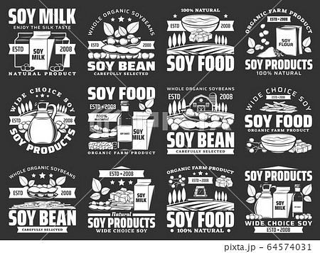 Soybean food icons of soy milk, tofu, oil, sauce Soybean food icons of soy milk, tofu, oil, sauce 64574031