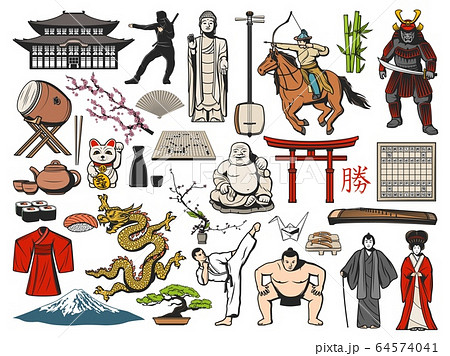 Japanese Fuji, sushi, Asian temple, geisha icons 64574041