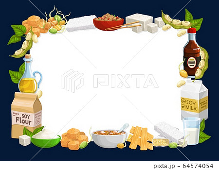 Soybean food frame with beans, soy milk, oil, tofu 64574054