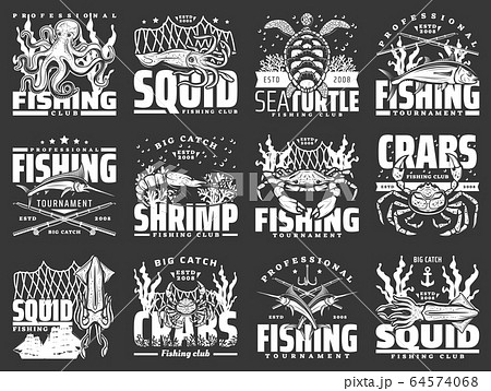 Crab seafood and tuna fish icons. Fishing sport Crab seafood and tuna fish icons. Fishing sport 64574068