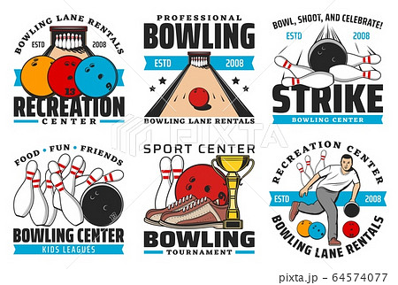 Bowling sport game icons with balls and pin strike 64574077
