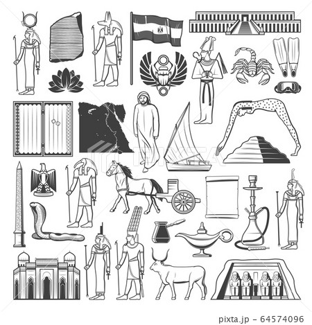 Ancient Egypt travel landmark, map, flag sketches Ancient Egypt travel landmark, map, flag sketches 64574096