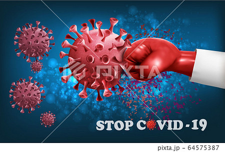 Hand wearing a blue boxing glove fighting with 64575387