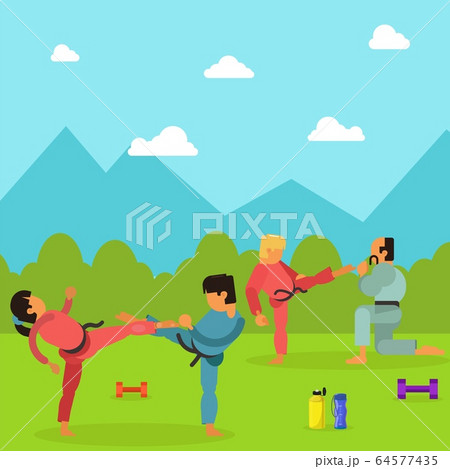 Karate training children character, martial art outdoor place exercise session flat vector illustration. National park area. Karate training children character, martial art outdoor place exercise session flat vector illustration. National park area. 64577435