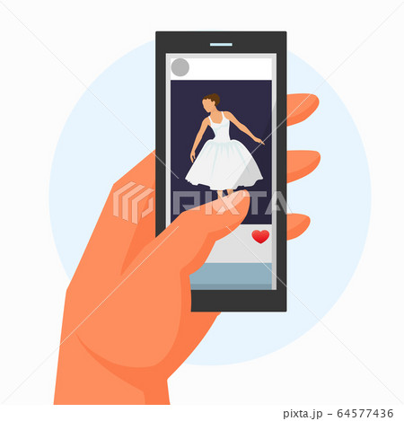 Hand hold mobile phone with video ballerina dance isolated on white, flat vector illustration. Character female fashion dress. Hand hold mobile phone with video ballerina dance isolated on white, flat vector illustration. Character female fashion dress. 64577436