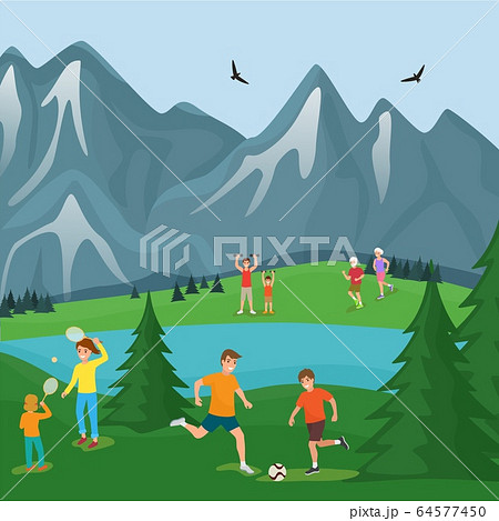 Amicable family play sport game in mountain outdoor national park flat vector illustration. Character people workout exercise. 64577450