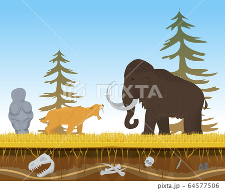 Prehistoric tiger attack ancient mammoth, character animal bite flat vector illustration. Wildlife nature beast predator and herbivorous. 64577506