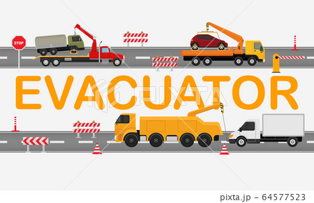 Evacuator road technical, working machine truck isolated on white, flat vector illustration. Highway traffic jam, tow truck carry broken car. 64577523