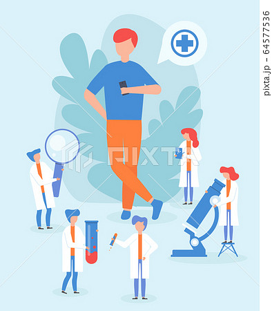 Complete medical test, full body therapeutic check male character, flat vector illustration. Tiny professional doctor, health care item. 64577536
