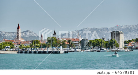 Seaview of Trogir, Croatia, cityscape from level of water, tower, boats Seaview of Trogir, Croatia, cityscape from level of water, tower, boats 64579381