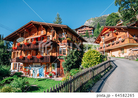 Wengen village and alps nature view in Switzerland 64582265