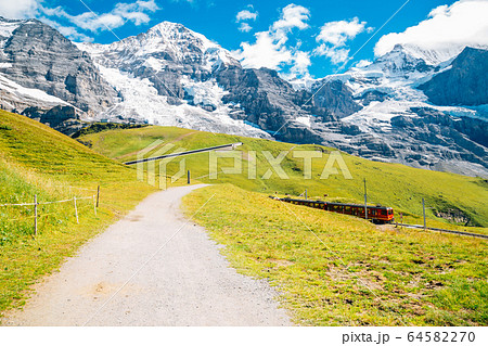 Snowy mountain and grass field at Jungfrau region in Switzerland 64582270