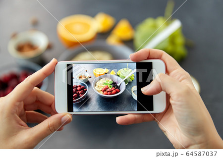 hands taking picture of breakfast with smartphone 64587037