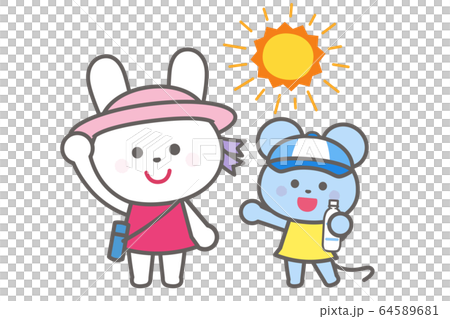 Prevention of heat stroke / Wearing a hat / hydration / Rabbit and mouse 64589681
