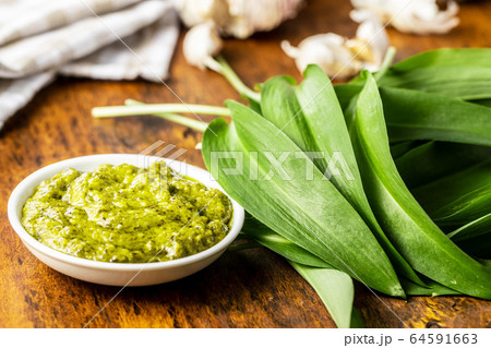 Wild garlic pesto and green ramsons leaves. 64591663