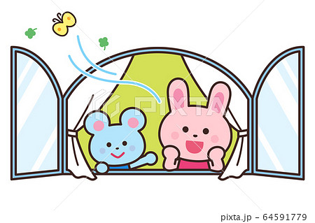 窓から外をながめるうさぎとねずみ 室内換気のイラスト素材