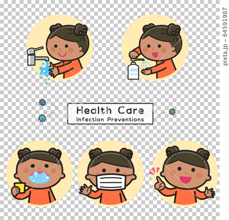 感染症予防 手洗い 消毒 うがい マスク 女の子セットのイラスト素材