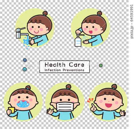 感染症予防 手洗い 消毒 うがい マスク 女の子セットのイラスト素材
