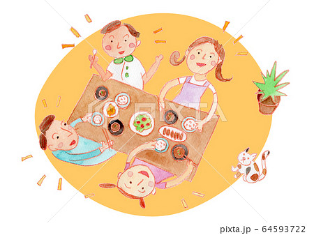 家族で食事 背景付き 水彩のイラスト素材