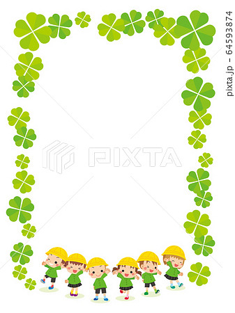 可愛い幼稚園児と四つ葉のクローバーのフレームのイラスト素材
