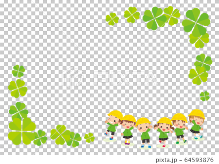 可愛い幼稚園児と四つ葉のクローバーのフレームのイラスト素材