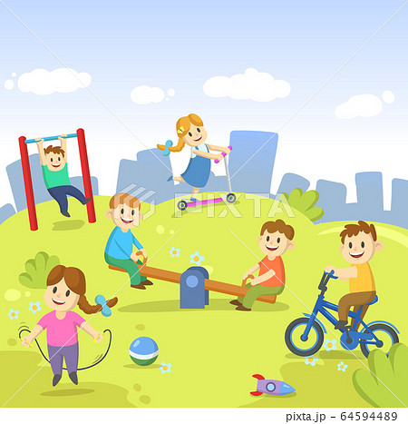Happy kids playing in the park on cartoon... - Stock Illustration  [64594489] - PIXTA