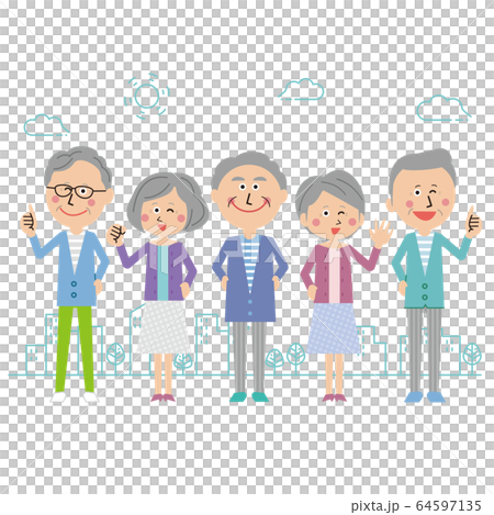 ポップなシニアの男女 整列 屋外のイラスト素材