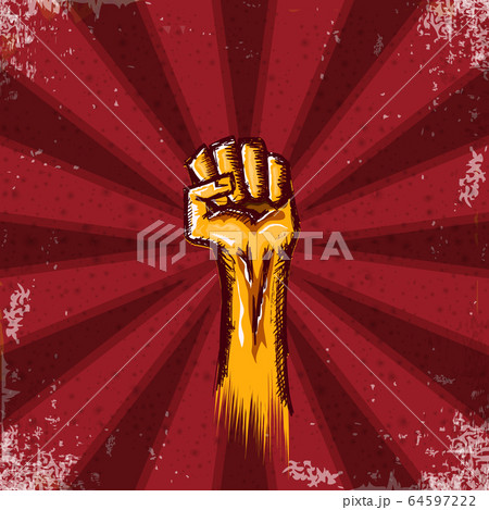 Vectro orange protest fist isolated on red grunge background with rays. 1 may Labor day concept illustration with hand drawn doodle rised fist in the air. Mayday graphic banner design template 64597222