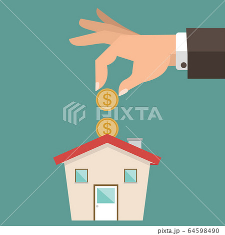 Hand putting coin in house piggy bank 64598490