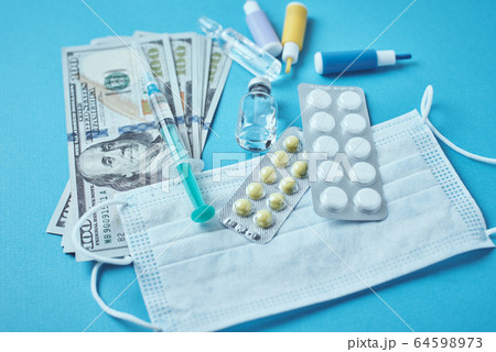 Pills, protective mask, medical items and dollar Pills, protective mask, medical items and dollar 64598973