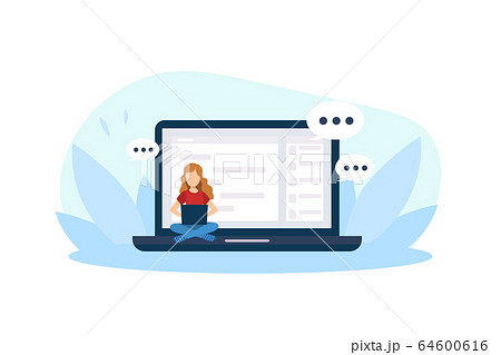 Giant Laptop, Tiny Young Woman Sitting with Crossed Legs and Working with Computer Vector Illustration Giant Laptop, Tiny Young Woman Sitting with Crossed Legs and Working with Computer Vector Illustration 64600616