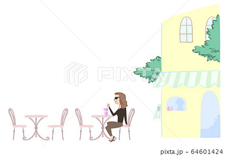 カフェのテーブルでジュースを飲む女性のイラストのイラスト素材 カフェのテーブルでジュースを飲む女性のイラストのイラスト素材