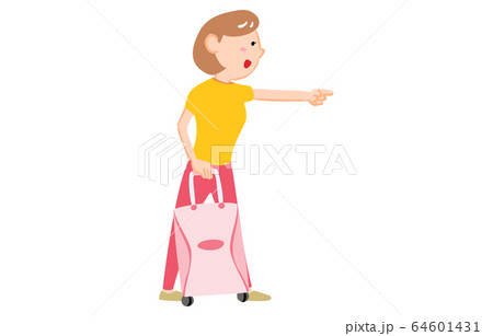 スーツケースを持って前方を指さす女性のイラストのイラスト素材