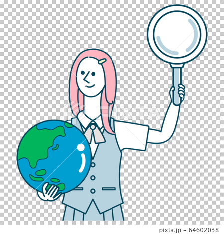 地球と虫眼鏡を持った女子　 64602038
