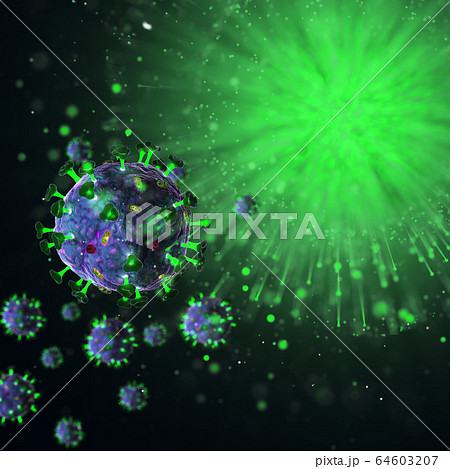 3D render of Corona VIRUS 2019nCoV has been discovered first time in January 2020 in China town Wuhan. Close-up from microscope of coronavirus. 64603207