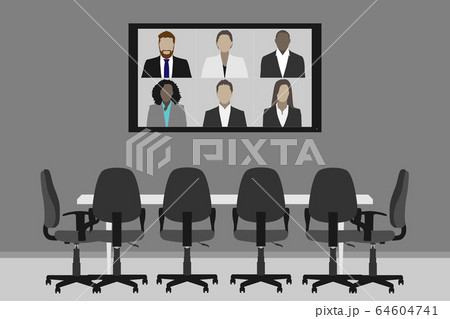 Empty meeting room with video conference on TV screen 64604741