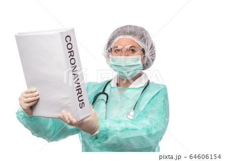 Tired nurse after work in laboratory clinic with mask stethoscope and folder coronavirus. Tired nurse after work in laboratory clinic with mask stethoscope and folder coronavirus. 64606154