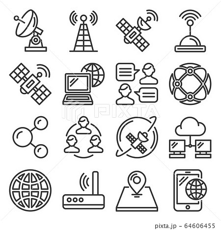 Wireless Communications and Satellite Icons Set on White Background. Line Style Vector 64606455